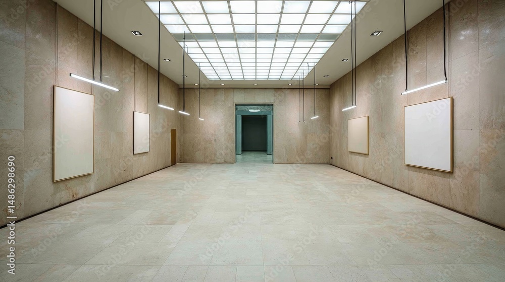 Poster symmetrically arranged white frames hang on a textured beige wall in a minimalist interior, creating
