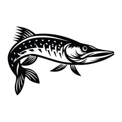 Northern Pike Fish, Black and White Silhouette, Sharp Teeth, Swimming, Detailed Fins, Spots