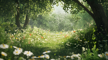 Obraz premium Lush green forest scene with sunlight filtering through trees and flowers.