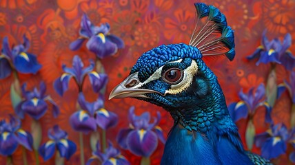 Obraz premium Vibrant Peacock Portrait Against Iris Flower Background