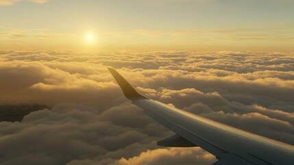 Obraz premium Golden Hour Flight: A breathtaking sunset view from above the clouds during an airplane journey.