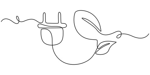 Plant with a plug in continuous one line art style. Green energy concept. Simple vector, Continuous line art green energy plug concept, Clean Energy Continuous Line Editable Icon, Eco-Friendly.