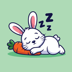 Cute minimalist cartoon of a white bunny with pink ears sleeping on an orange carrot. Set on mint green background with navy 