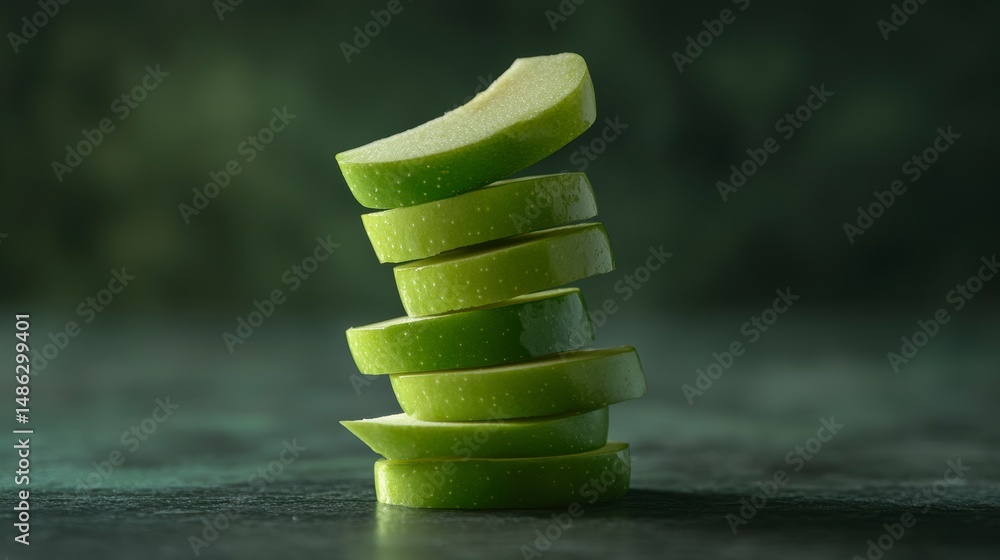 Poster a stack of fresh green apple slices on a dark background.