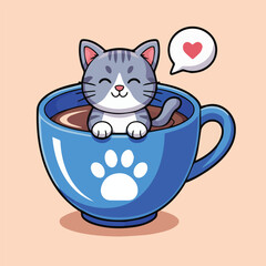 Cute cartoon of a gray and white cat sitting contentedly in a blue teacup filled with coffee. Features a paw print on the cup, red heart speech bubble, and peach background.