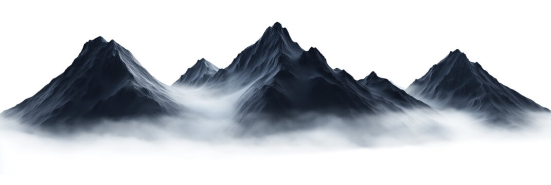 Majestic black and white mountain landscape with misty atmosphere and dramatic peaks, isolated on transparent background, png - Powered by Adobe