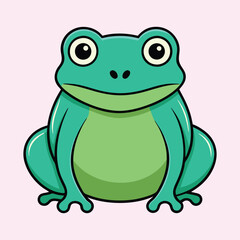 Cartoon illustration of a green frog sitting with a light pink background