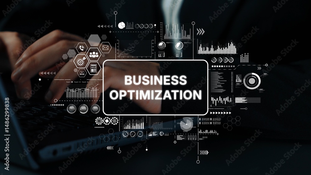 Poster business optimization concept showing hands typing on laptop surrounded by data analytics and charts