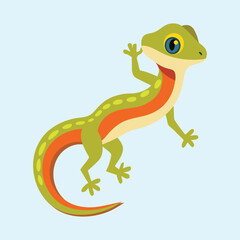 A cute cartoon vector lizard climbing on a light blue background