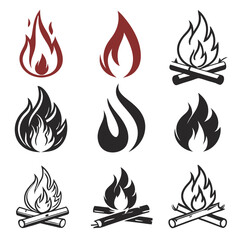 Collection of fire icons. Flame fire symbols. Conceptual fire flame icons. Bonfire silhouette logo 