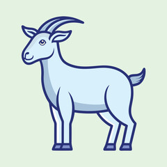 Stylized Cartoon Goat with Curving Horns Standing on Green Background
