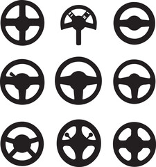 Black & White Vector Steering Wheels: Car, Vehicle, Driving Icons Set