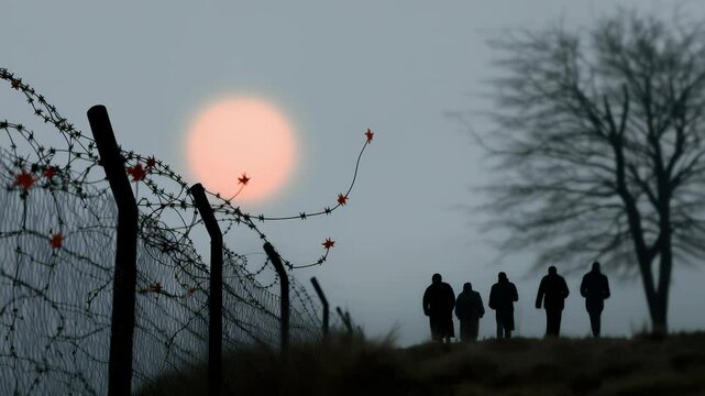 Border video: fence division, wire restriction, territory line, migration limit, exile zone, crossing denial, boundary symbol, captivity trace, emigration block, security emblem, refugee signal.