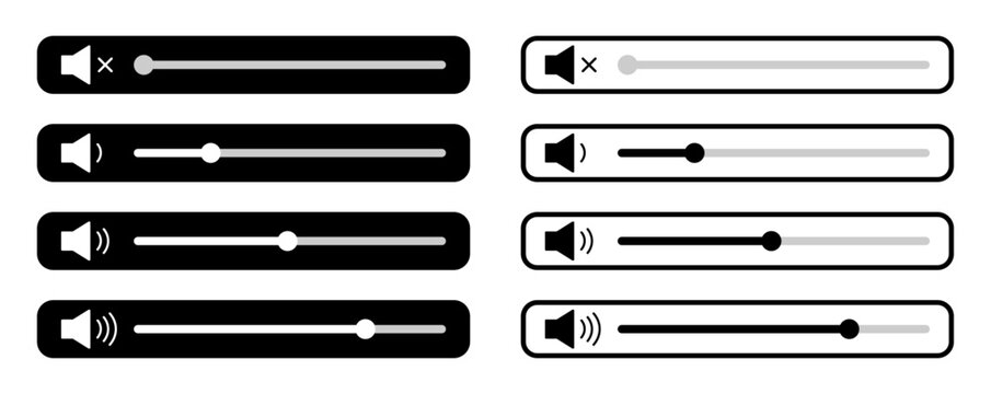 Set of audio volume slider icons in black and white styles. Mute, low, medium, and high sound levels. Flat UI elements for media player interface, app, or web design. Isolated vector illustration.