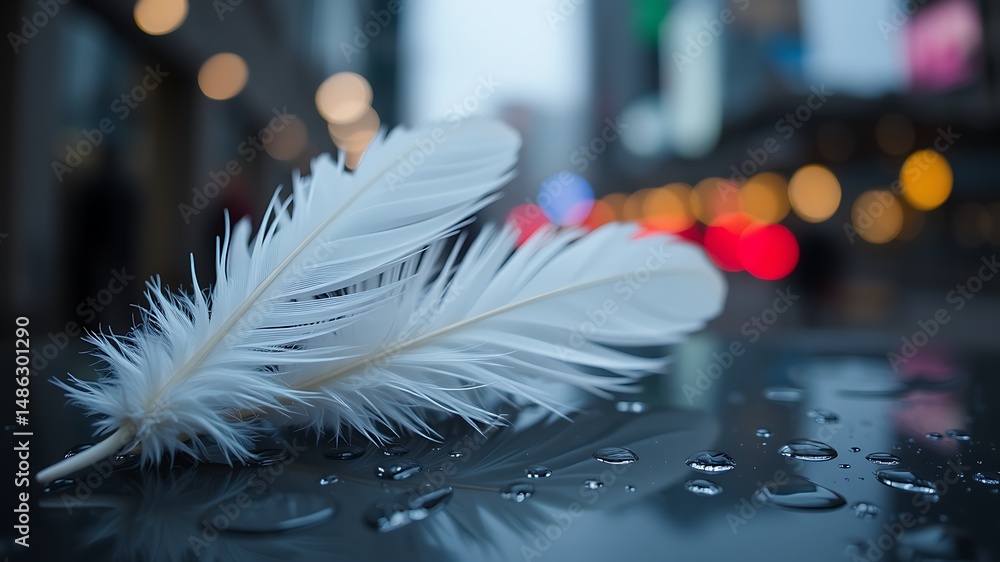Poster delicate white feathers resting on a surface with raindrops and bokeh background lights