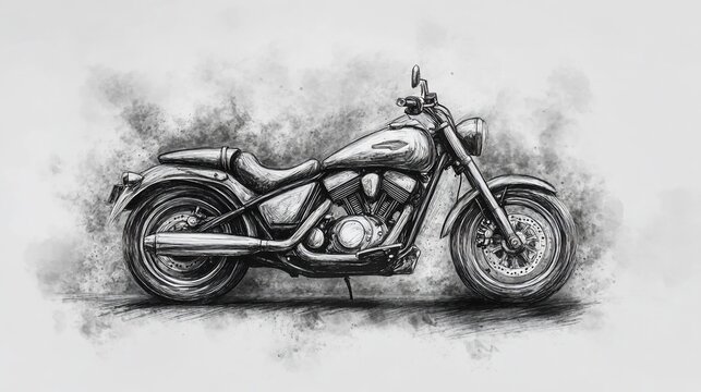 Detailed monochrome motorcycle sketch, smoky background