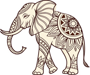 Exquisite Elephant Artwork: A beautifully illustrated elephant, adorned with intricate ornamental patterns, is showcased in a vibrant composition. This artwork captivates with its details.