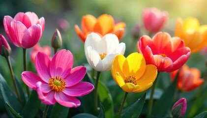 Fototapeta premium Vibrant spring flowers in a rainbow of colors , white, meadow