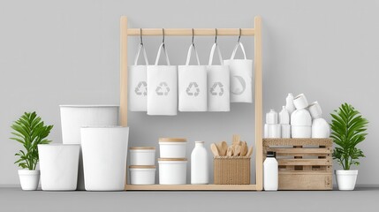 Stylish storage display of reusable shopping bags and containers.