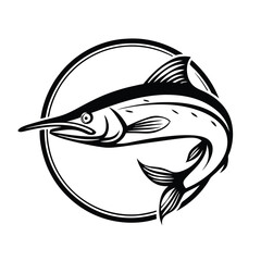Obraz premium Marlin Fish in Black and White, Line Art. Swordfish Swimming Inside a Circle Frame