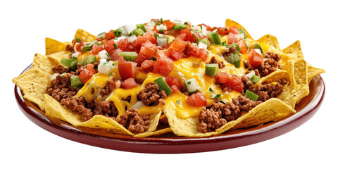 Delicious nachos topped with seasoned beef, melted cheese, and fresh vegetables, isolated on transparent background, png