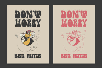 groovy hippie 70s poster with a cartoon bee character, vector illustration