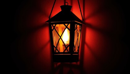 Hanging lantern casting light, warm glow, red background, antique style