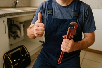 Plumber holding wrench, thumbs-up.