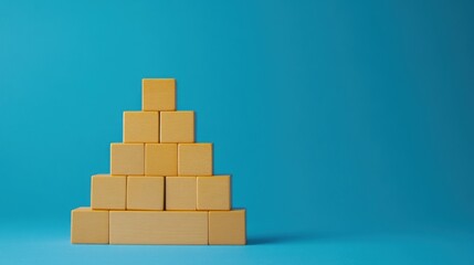 Abstract Pyramid Structure of Yellow Wooden Blocks on Blue Background