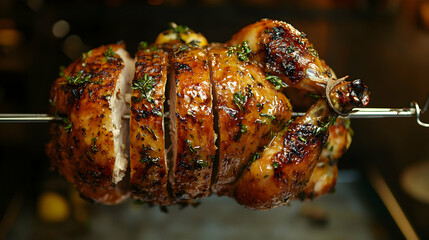 Roasted chicken on a rotisserie with a blurred background.