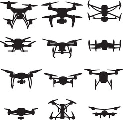 Drone Silhouettes: Collection of Black Aerial Vehicle Icons