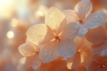Peach blooms, soft light, water droplets abound