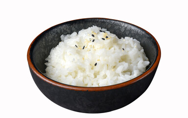 Bowl of white rice with sesame seeds on white background