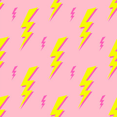 Lightning colorful seamless pattern on a pink background. Flat style design. Vector illustration for web and print.
