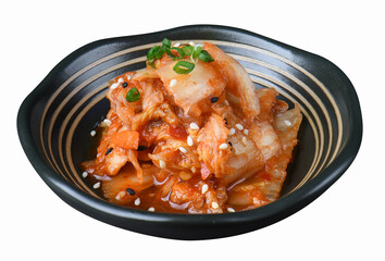 Korean kimchi cabbage in black-striped bowl