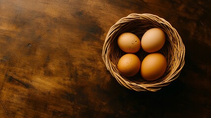 Four brown eggs sit inside a small woven basket on a dark wood table. - high quality Four brown eggs sit inside a small woven basket on a dark wood ta