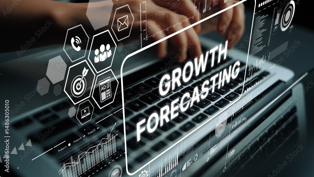 Aufkleber growth forecasting concept with data visualization elements on laptop keyboard and hands in focus. a