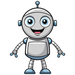 Friendly Robot in a digital world: A cute and charming cartoon robot stands confidently. Its expressive eyes and inviting smile captures the essence of technology and innovation. 