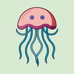 Cartoon jellyfish with long tentacles floating in a light green background