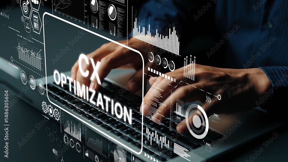 Poster hands typing on laptop with digital graphics representing customer experience optimization strategie