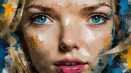 Abstract Beauty - Stunning Blue Eyes in a Painted Portrait - Captivating Female Art with Bold Colors and Textural Details - Close-Up Face Art