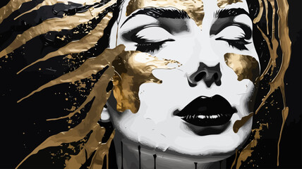Abstract Beauty-Monochrome Portrait with Gold Accents-Striking Woman's Face-Elegant Art-Bold Black and White-Golden Splatter-Modern Art-Artistic Expression-Visually Stunning-Unique Design