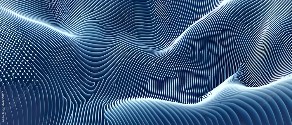Poster abstract blue flowing waves of lines depicting a digital rendering of topographic or geological data
