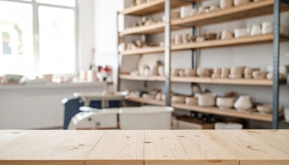 Pottery studio blurred shelves display clay vessels, wooden table foreground