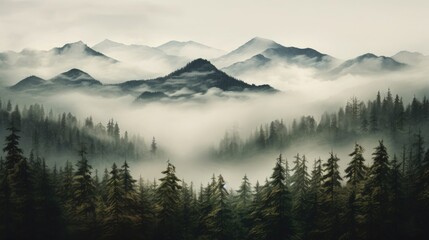 Obraz premium Beautiful mountain landscape with coniferous forest in the fog.