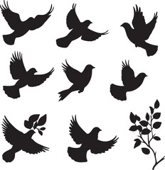 Fototapeta premium Black Bird Silhouettes: Flying Doves, Peace, Freedom, Vector Art