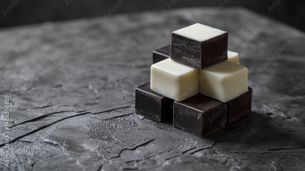 Poster Dark and white chocolate cubes stacked in a geometric pattern on a dark gray textured surface.