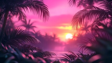 Tropical sunset over a peaceful beach with swaying palm trees