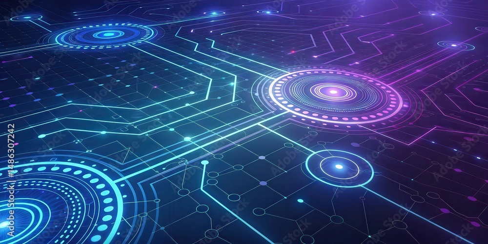 Aufkleber a glowing, futuristic digital circuit board with interconnected lines and nodes in vibrant blue and 