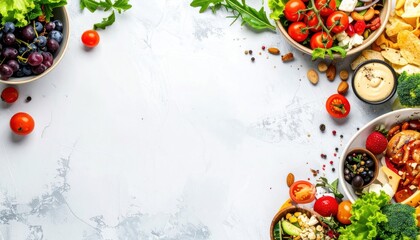Fresh foods in bowls arranged around a bright, airy, grey textured background with ample copy space